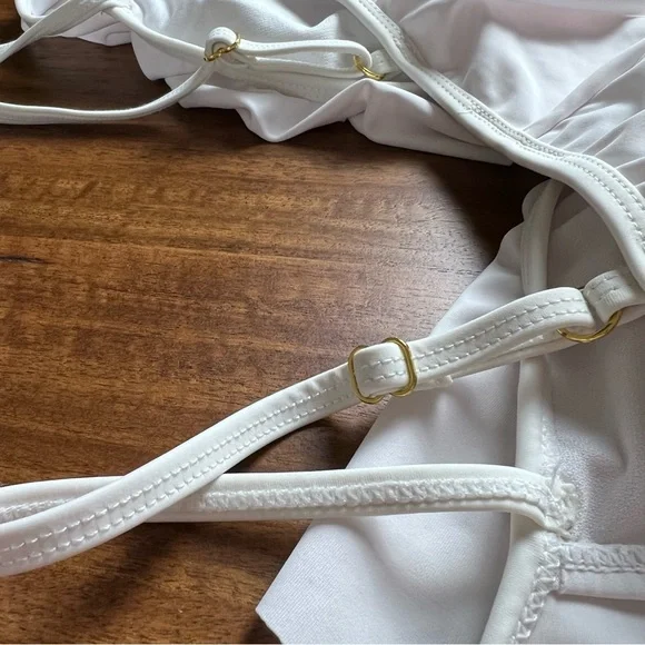 Aura White One Piece Swimsuit Sheer Panels Polka Dots Off Shoulder Size Small - Picture 9 of 11